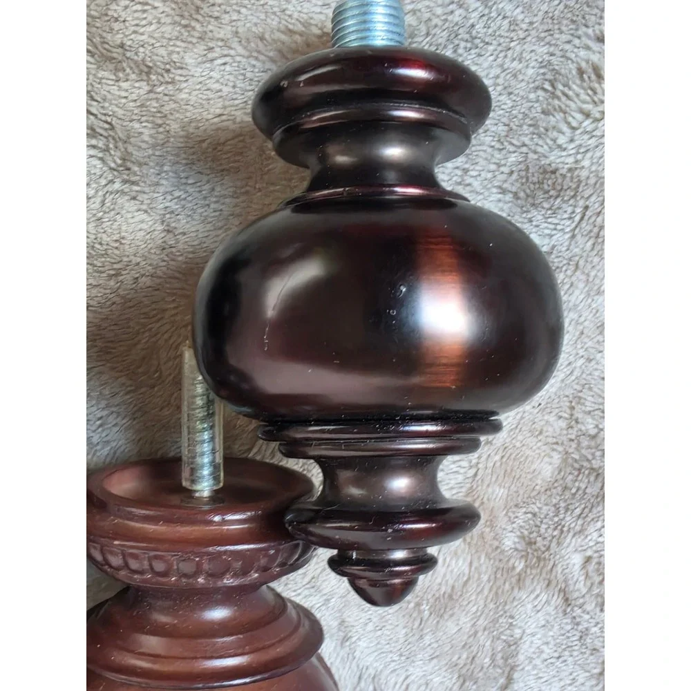4pc Decorative Curtain Rod Finials Lot Carved Wood Scroll & Dark Bronze Metal
